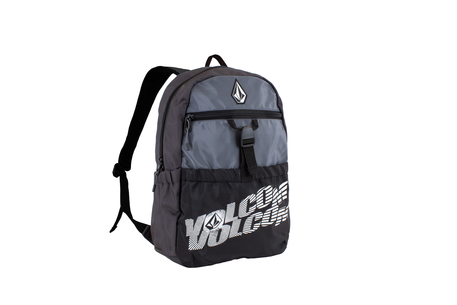 A Volcom Men's Summer School Backpack in gray and black, with the VOLCOM text and logo displayed on the front, features a spacious zippered pocket, a handy laptop sleeve, and adjustable shoulder straps, all presented against a plain white background.