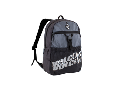 A Volcom Men's Summer School Backpack in gray and black, with the VOLCOM text and logo displayed on the front, features a spacious zippered pocket, a handy laptop sleeve, and adjustable shoulder straps, all presented against a plain white background.