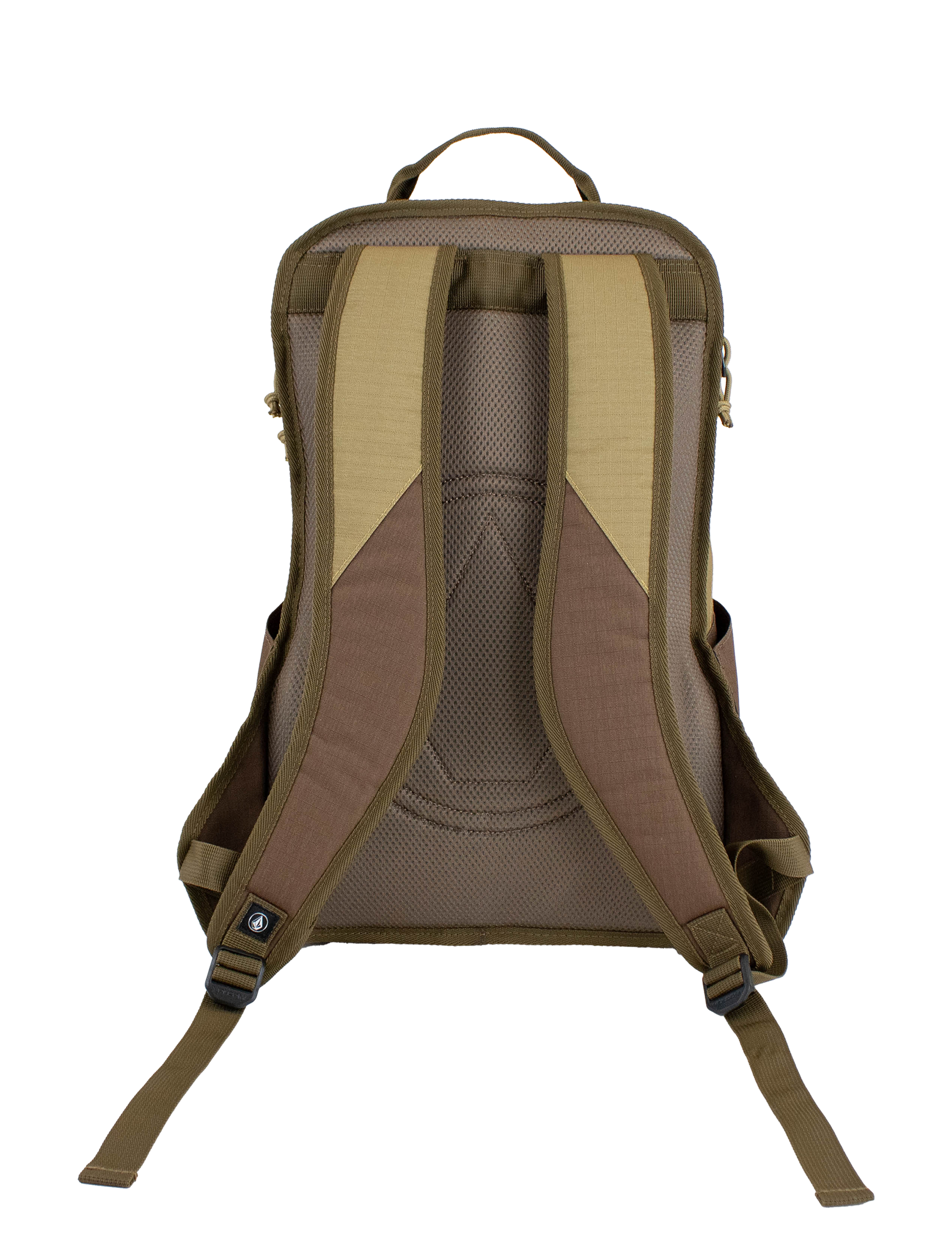 A Volcom Men's Boundary Backpack in brown and tan is displayed from the back against a white background, highlighting its padded shoulder straps, mesh padding, and top carrying handle. This durable backpack also includes a convenient laptop compartment to keep your devices secure while you're on the move.