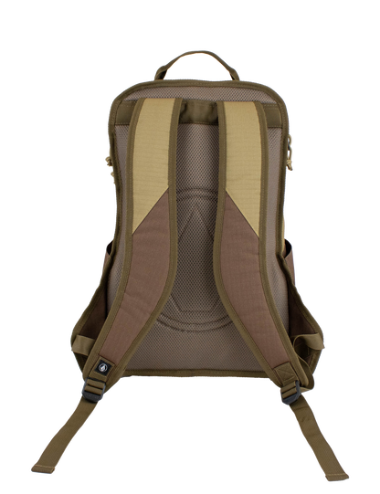 A Volcom Men's Boundary Backpack in brown and tan is displayed from the back against a white background, highlighting its padded shoulder straps, mesh padding, and top carrying handle. This durable backpack also includes a convenient laptop compartment to keep your devices secure while you're on the move.