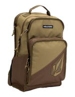 The Volcom Men's Boundary Backpack in brown and tan features multiple zippered compartments, a top handle, and a spacious front pocket with the Volcom logo. Designed for durability, this backpack includes a convenient laptop compartment, making it ideal for everyday use or travel.