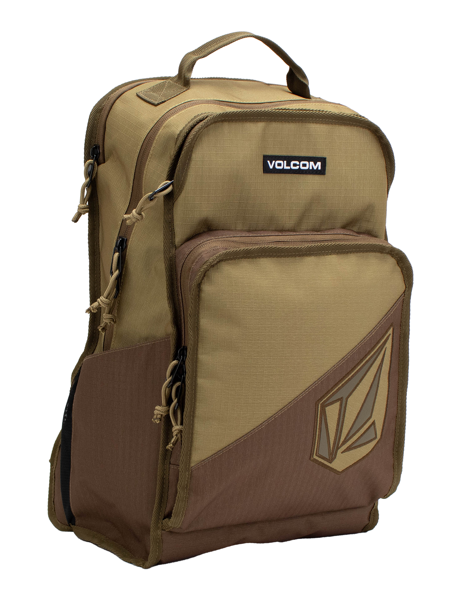 The Volcom Men's Boundary Backpack in brown and tan features multiple zippered compartments, a top handle, and a spacious front pocket with the Volcom logo. Designed for durability, this backpack includes a convenient laptop compartment, making it ideal for everyday use or travel.