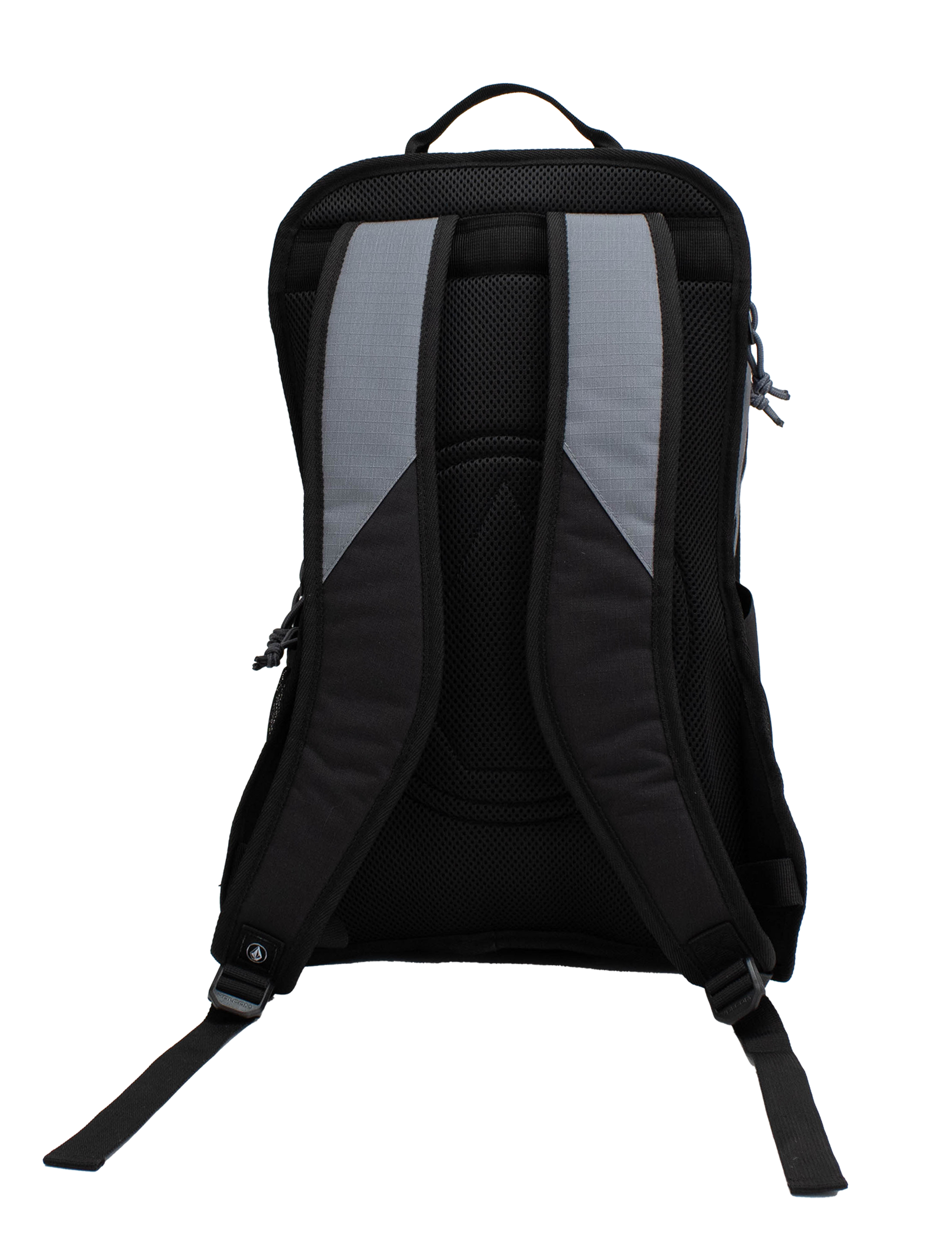 The Volcom Men's Boundary Backpack is displayed from the back against a plain white background, emphasizing its padded shoulder straps and top handle in black and gray tones.