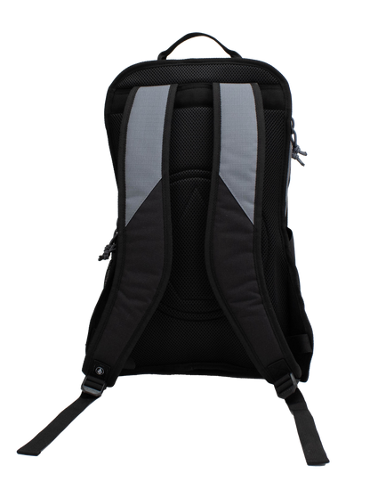 The Volcom Men's Boundary Backpack is displayed from the back against a plain white background, emphasizing its padded shoulder straps and top handle in black and gray tones.