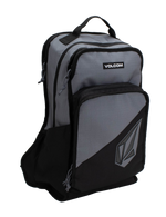 The Men's Boundary Backpack by Volcom is a gray and black bag featuring two front zippered compartments, a top handle, and the Volcom logo on the lower pocket.