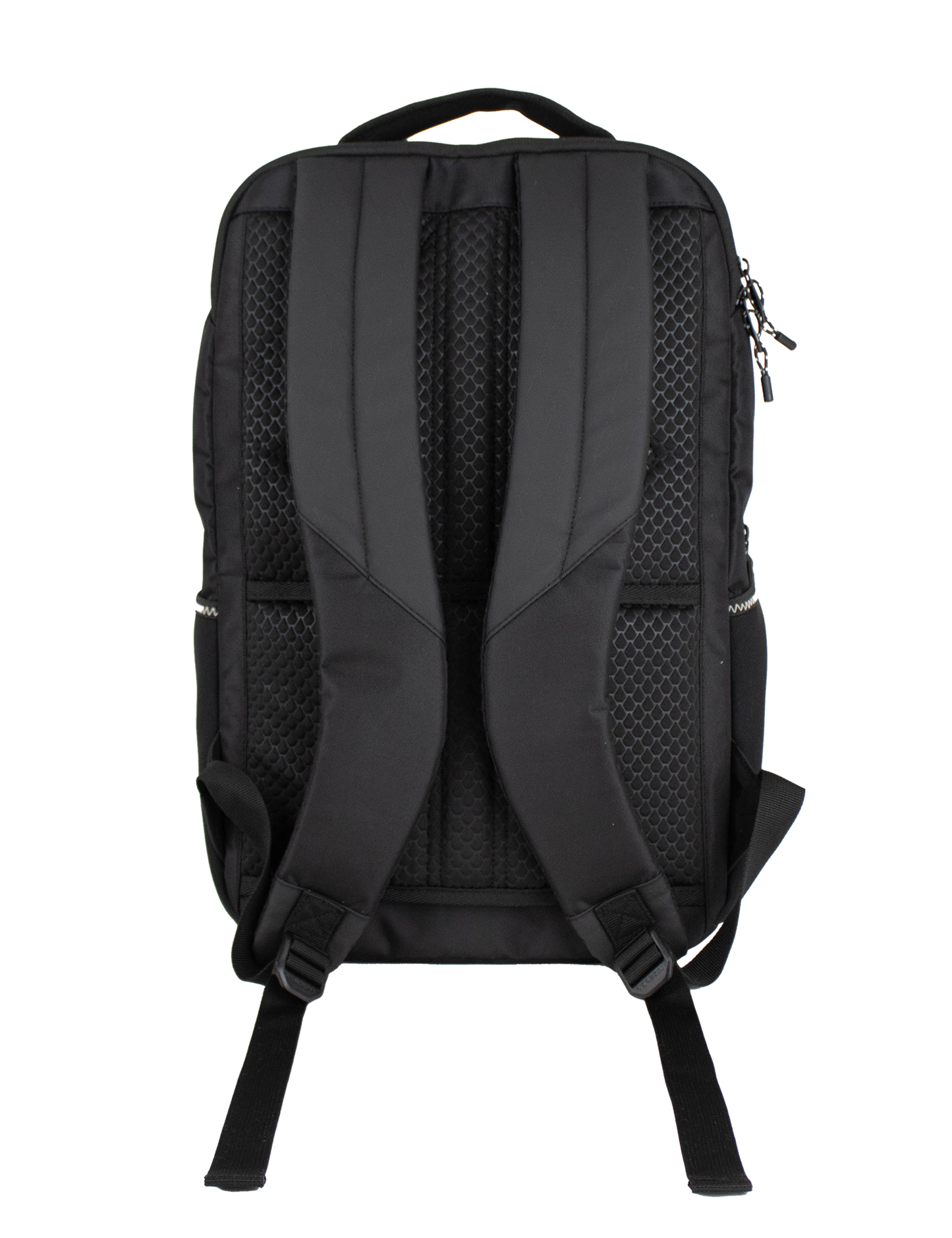 A back view of the Men's Corpo Ce Backpack by Volcom in black, highlighting its padded shoulder straps, top handle, and mesh back panel. The visible zippers and strap adjustment hardware make this backpack an ideal choice for travel or everyday laptop use.