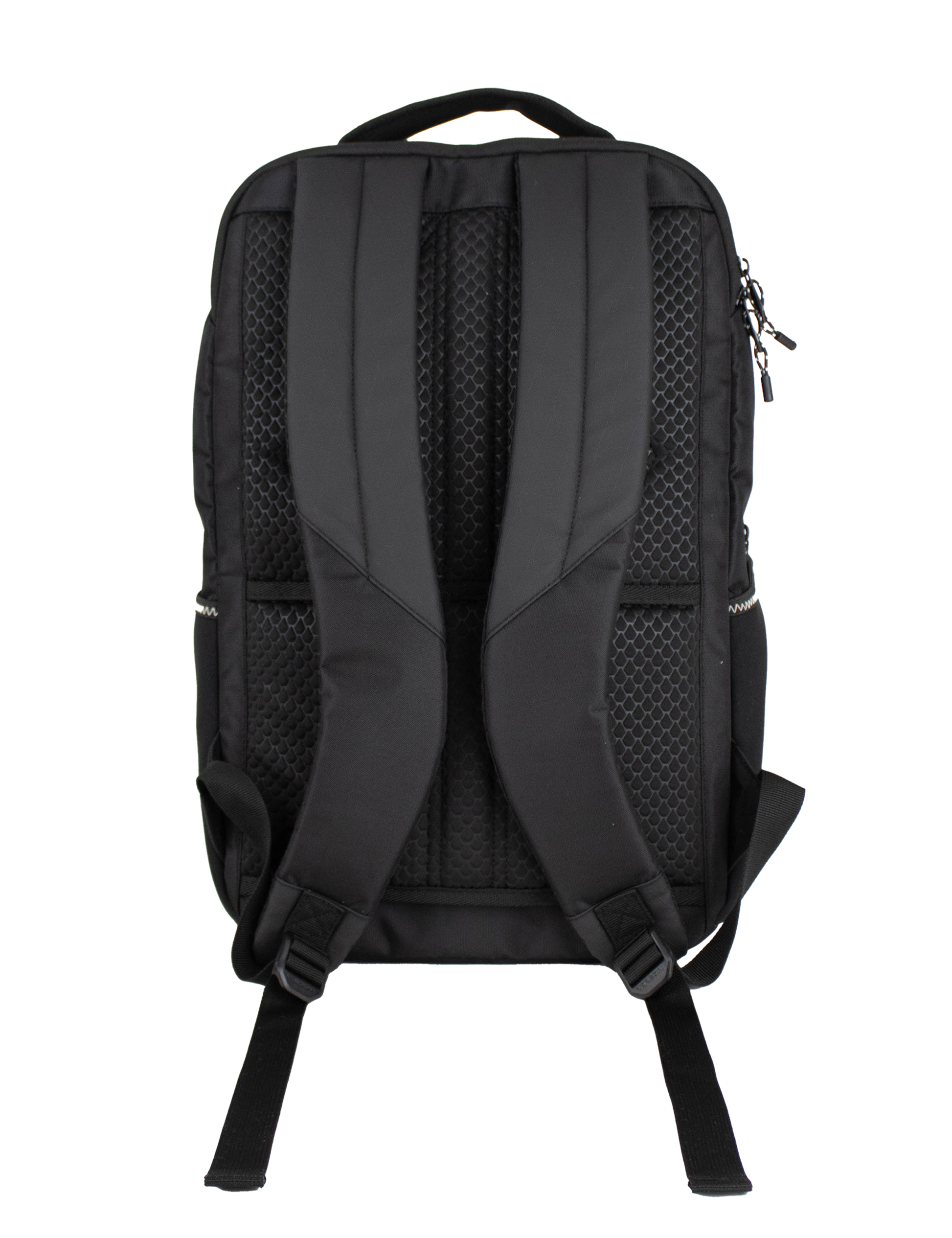 A back view of the Men's Corpo Ce Backpack by Volcom in black, highlighting its padded shoulder straps, top handle, and mesh back panel. The visible zippers and strap adjustment hardware make this backpack an ideal choice for travel or everyday laptop use.