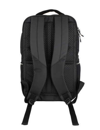 A back view of the Men's Corpo Ce Backpack by Volcom in black, highlighting its padded shoulder straps, top handle, and mesh back panel. The visible zippers and strap adjustment hardware make this backpack an ideal choice for travel or everyday laptop use.