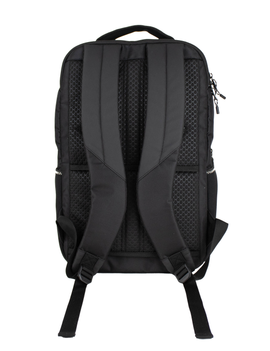 A back view of the Men's Corpo Ce Backpack by Volcom in black, highlighting its padded shoulder straps, top handle, and mesh back panel. The visible zippers and strap adjustment hardware make this backpack an ideal choice for travel or everyday laptop use.