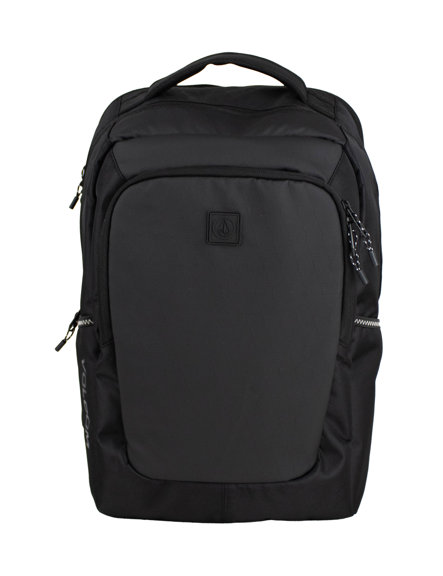 Introducing the Volcom Men's Corpo Ce Backpack in sleek black, featuring multiple zippered compartments, a convenient top handle, and the signature Volcom logo subtly displayed on the front pocket—all set against a plain white background. Ideal as a laptop backpack or for any of your travel backpack needs.