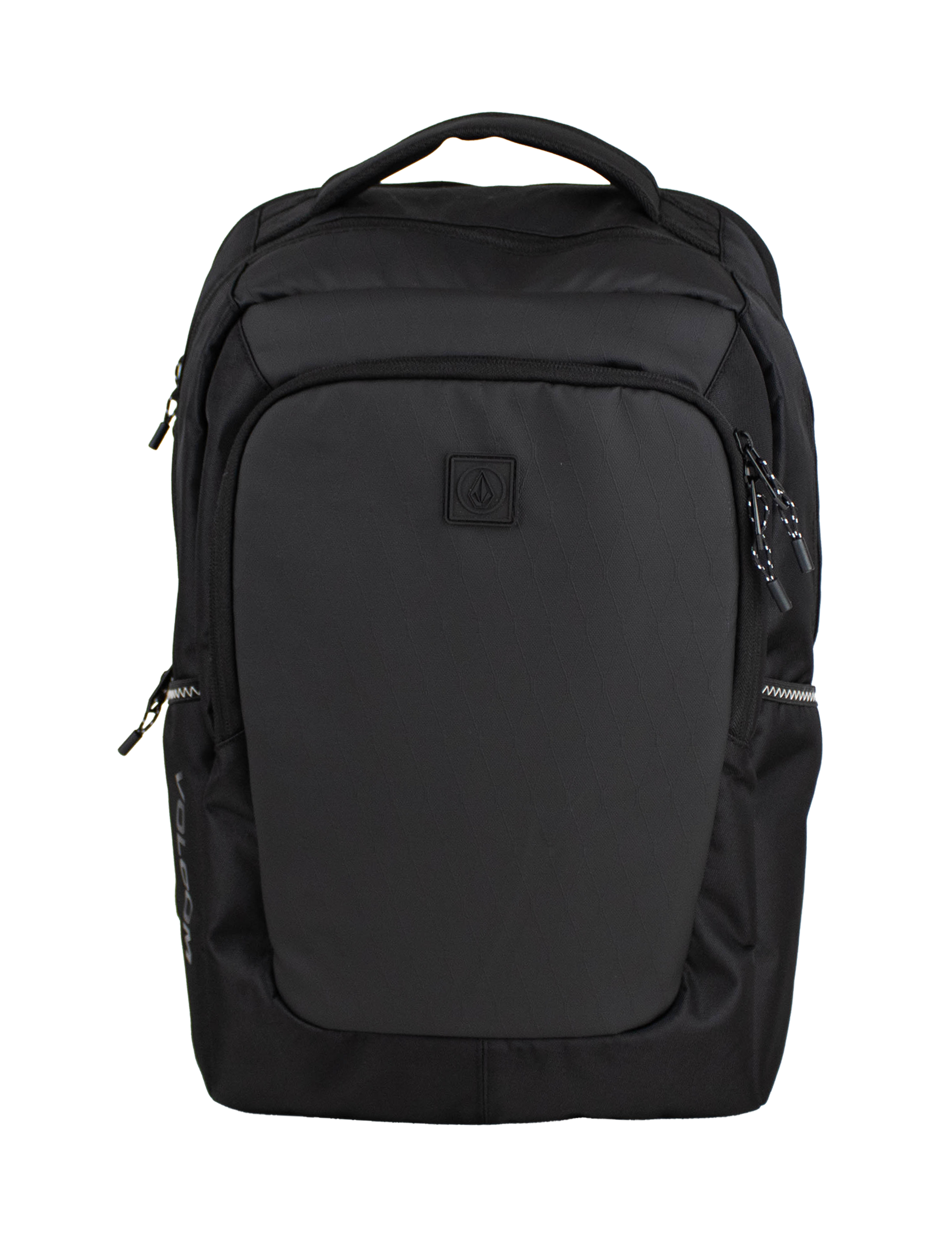 Introducing the Volcom Men's Corpo Ce Backpack in sleek black, featuring multiple zippered compartments, a convenient top handle, and the signature Volcom logo subtly displayed on the front pocket—all set against a plain white background. Ideal as a laptop backpack or for any of your travel backpack needs.