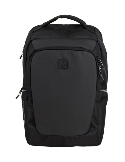 Introducing the Volcom Men's Corpo Ce Backpack in sleek black, featuring multiple zippered compartments, a convenient top handle, and the signature Volcom logo subtly displayed on the front pocket—all set against a plain white background. Ideal as a laptop backpack or for any of your travel backpack needs.