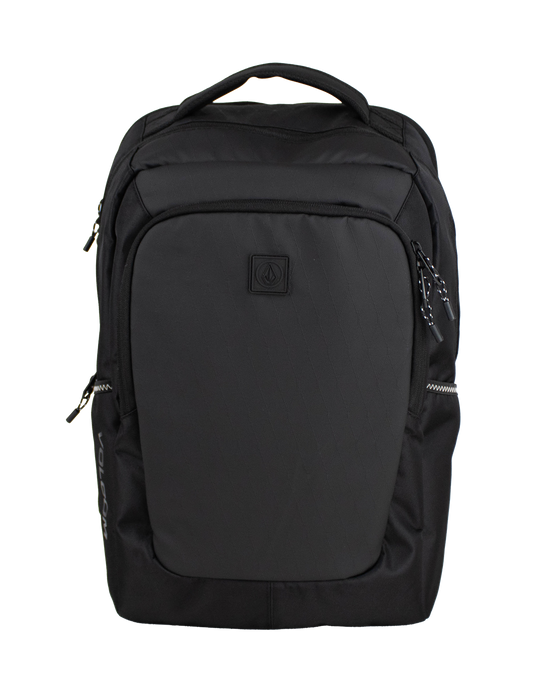 Introducing the Volcom Men's Corpo Ce Backpack in sleek black, featuring multiple zippered compartments, a convenient top handle, and the signature Volcom logo subtly displayed on the front pocket—all set against a plain white background. Ideal as a laptop backpack or for any of your travel backpack needs.