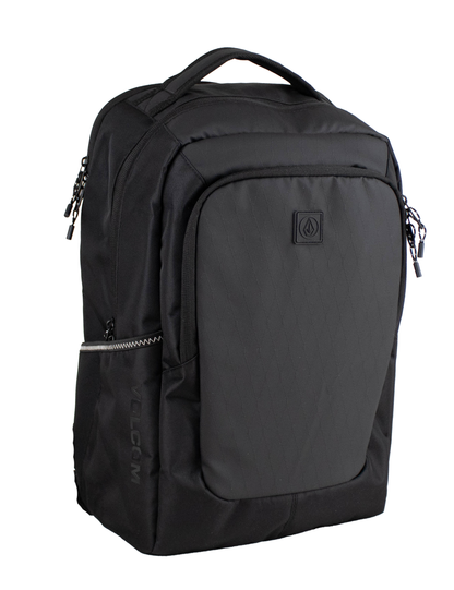 The Volcom Men's Corpo Ce Backpack is a sleek black laptop backpack featuring a front zip pocket, a top handle, and two main zippered compartments for optimal organization on the go. Perfect as a travel backpack, it sports a subtle Volcom logo on the front and a unique diagonal zipper on the left side for added style and convenience.