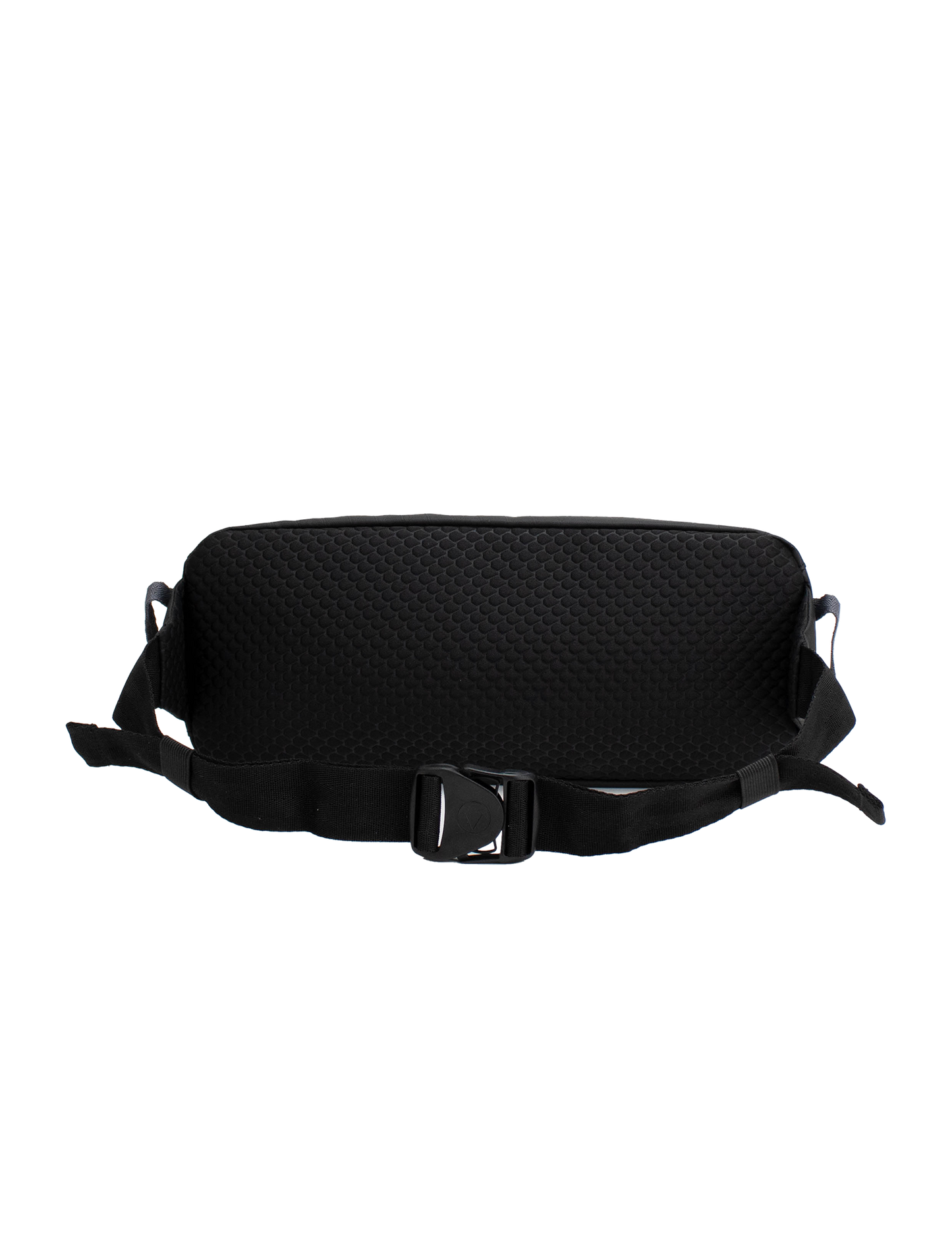 The Men's Venture Light Sling Pack by Volcom, shown in black against a plain white background, is a lightweight sling bag featuring a textured back panel and an adjustable strap with a plastic buckle.