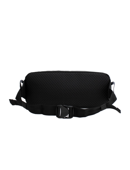 The Men's Venture Light Sling Pack by Volcom, shown in black against a plain white background, is a lightweight sling bag featuring a textured back panel and an adjustable strap with a plastic buckle.
