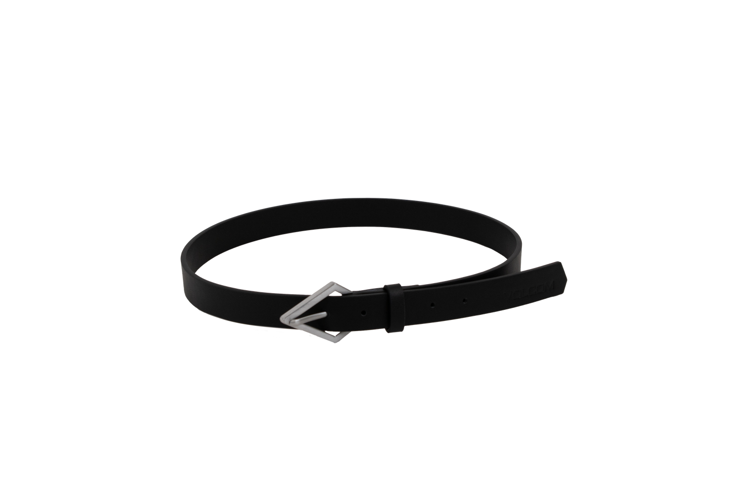 The Volcom Women's Stoned Forever black leather belt, featuring a distinctive silver, stone-shaped buckle, is coiled in a circle on a plain white background.
