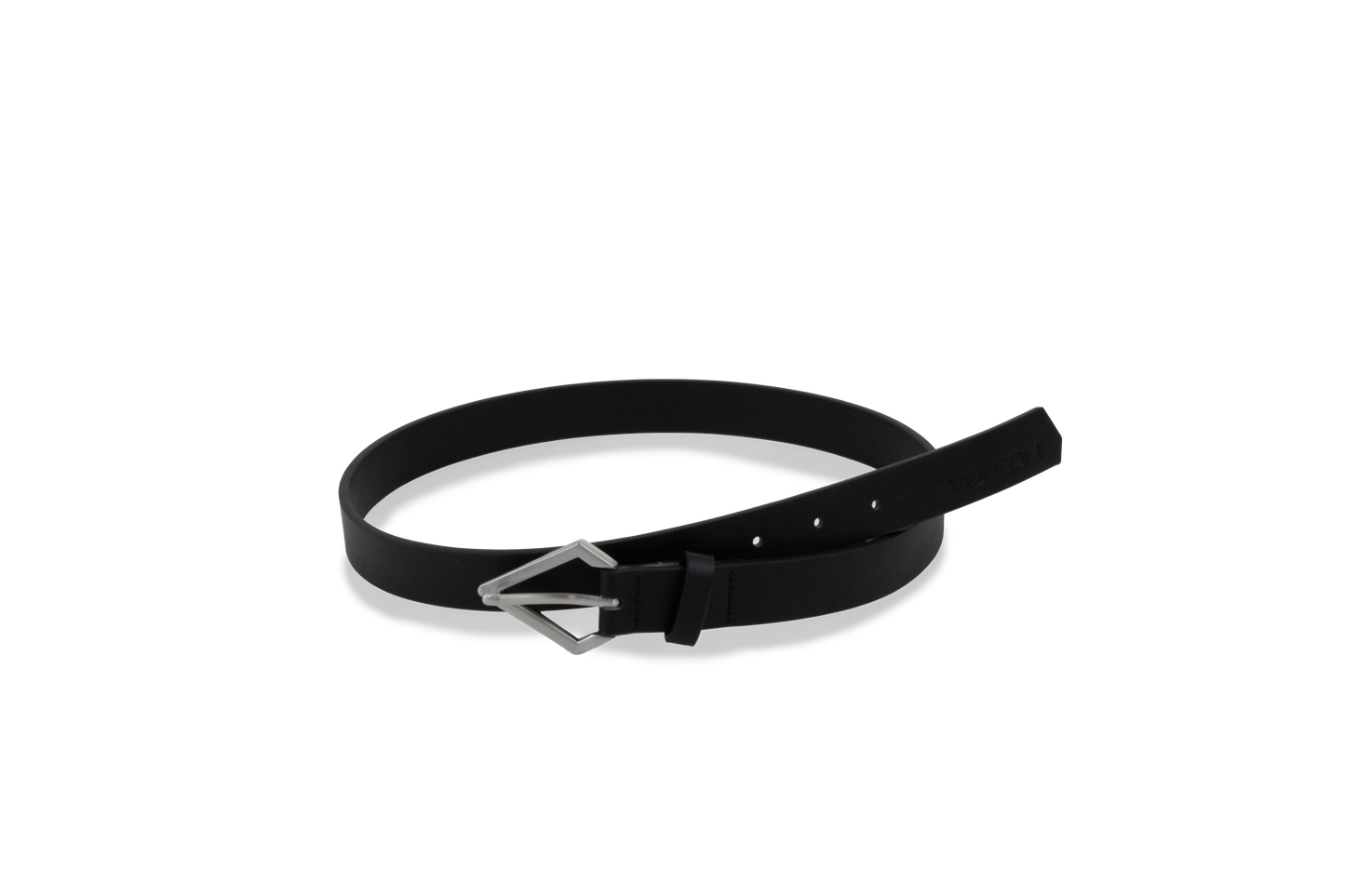 A Volcom Women's Stoned Forever black leather belt with a silver, stone-shaped buckle is displayed on a white background. The belt is coiled in a loose circle, with the end threaded through the buckle and pointed outward.