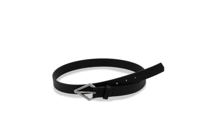 A Volcom Women's Stoned Forever black leather belt with a silver, stone-shaped buckle is displayed on a white background. The belt is coiled in a loose circle, with the end threaded through the buckle and pointed outward.