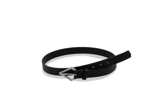 A Volcom Women's Stoned Forever black leather belt with a silver, stone-shaped buckle is displayed on a white background. The belt is coiled in a loose circle, with the end threaded through the buckle and pointed outward.