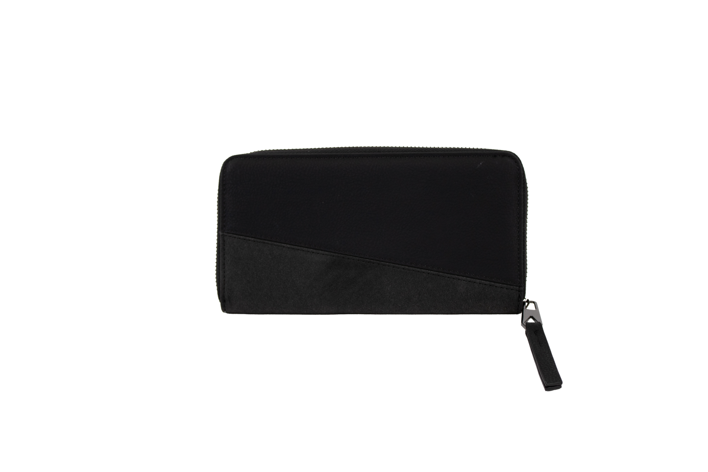 A black Women's Palmcation wallet by Volcom, checkbook-sized with a wrist strap, is displayed against a plain white background. The wallet features a distinctive diagonal seam detail on the front, making it an ideal everyday companion.