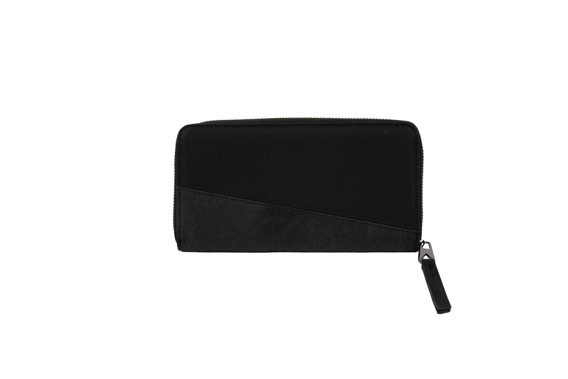 A black Women's Palmcation wallet by Volcom, checkbook-sized with a wrist strap, is displayed against a plain white background. The wallet features a distinctive diagonal seam detail on the front, making it an ideal everyday companion.