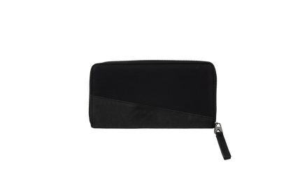 A black Women's Palmcation wallet by Volcom, checkbook-sized with a wrist strap, is displayed against a plain white background. The wallet features a distinctive diagonal seam detail on the front, making it an ideal everyday companion.