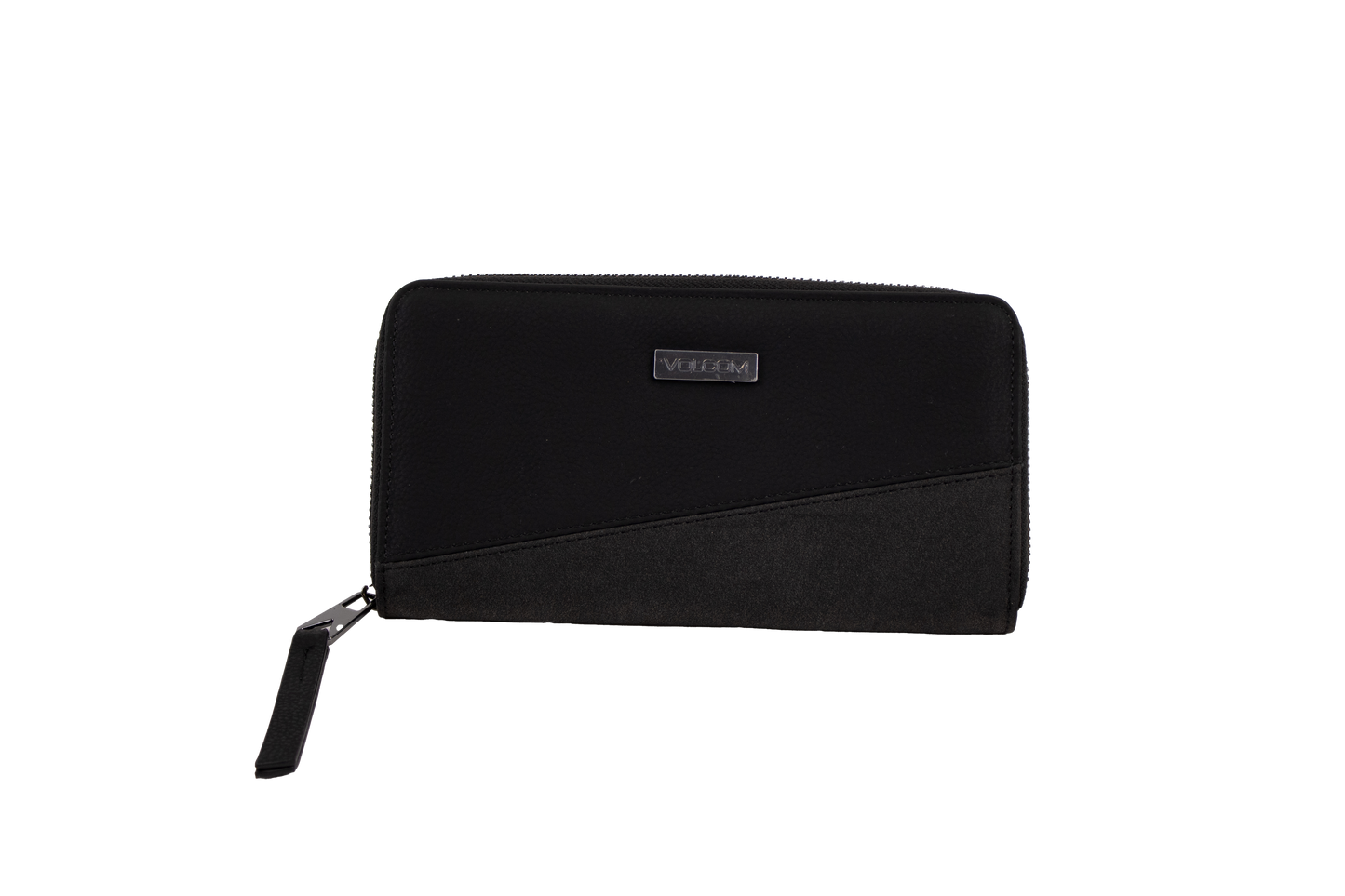 A black zippered Volcom Women's Palmcation wallet, checkbook-sized and adorned with a small rectangular metal logo plate on the front, is displayed against a plain white background—an ideal everyday companion for sleek organization.