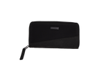 A black zippered Volcom Women's Palmcation wallet, checkbook-sized and adorned with a small rectangular metal logo plate on the front, is displayed against a plain white background—an ideal everyday companion for sleek organization.