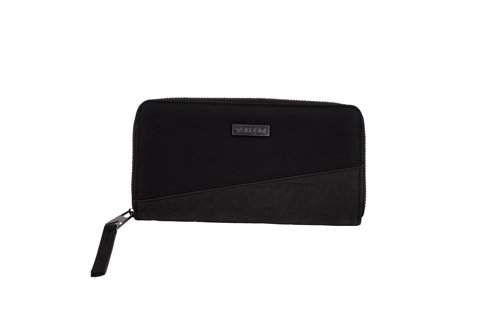 A black zippered Volcom Women's Palmcation wallet, checkbook-sized and adorned with a small rectangular metal logo plate on the front, is displayed against a plain white background—an ideal everyday companion for sleek organization.