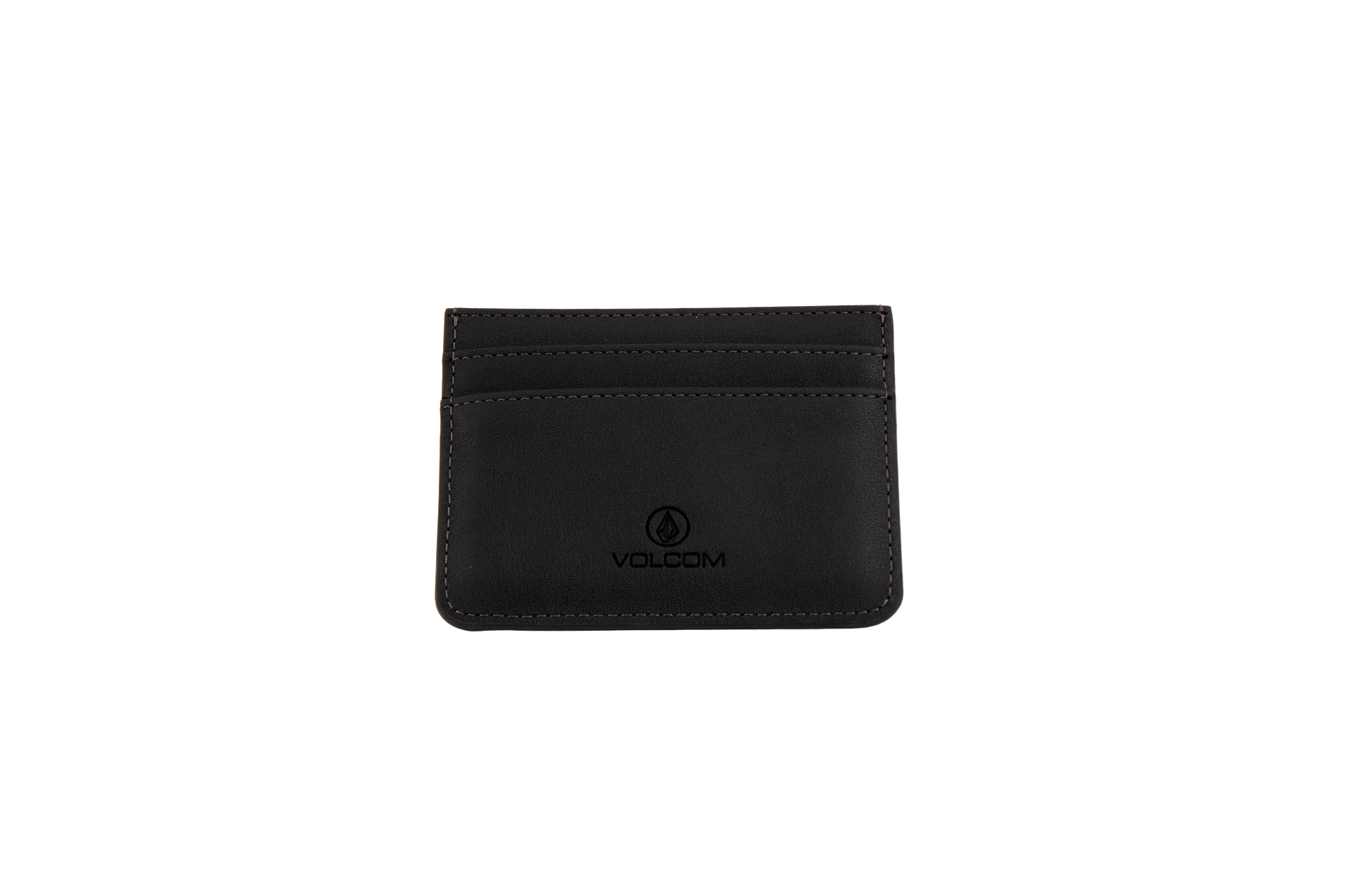 A black Volcom Women's Studette Card Wallet featuring two card slots, simple stitching, and the Volcom logo embossed on the front, displayed on a plain white background.