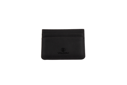 A black Volcom Women's Studette Card Wallet featuring two card slots, simple stitching, and the Volcom logo embossed on the front, displayed on a plain white background.