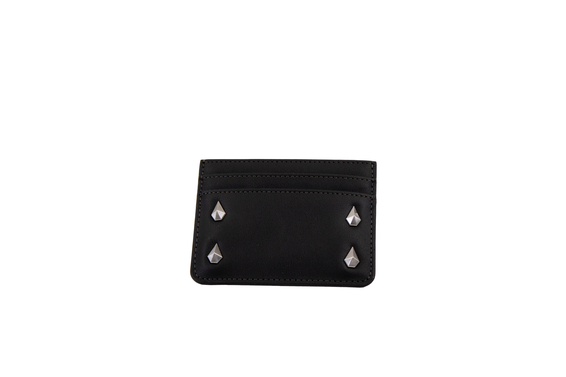 A Volcom Women's Studette Card Wallet in black, featuring a slim design with three card slots and four silver pyramid studs—two on each side—displayed against a plain white background.
