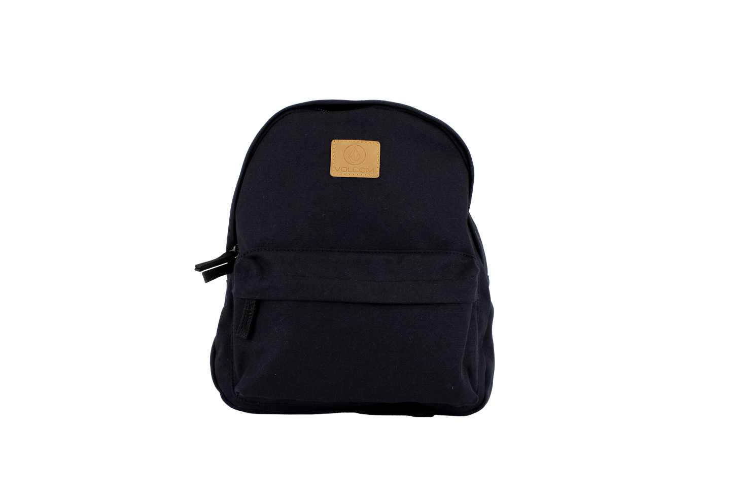 The Volcom Women's Winnie Backpack is a black mini backpack featuring a front zipper pocket and a tan square logo patch on the upper front, ideal for carrying your everyday essentials, shown against a plain white background.