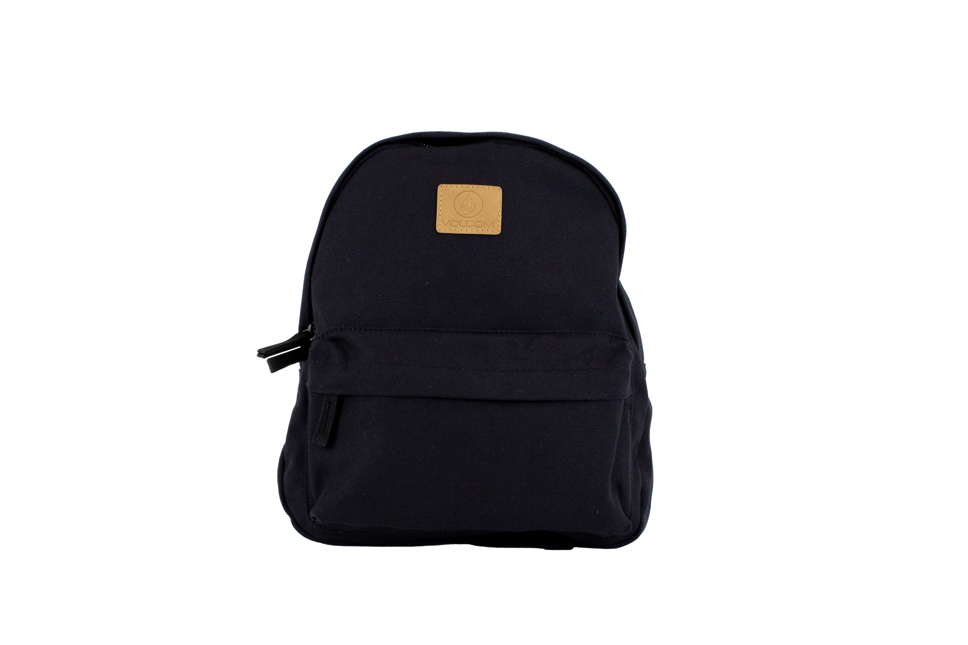 The Volcom Women's Winnie Backpack is a black mini backpack featuring a front zipper pocket and a tan square logo patch on the upper front, ideal for carrying your everyday essentials, shown against a plain white background.
