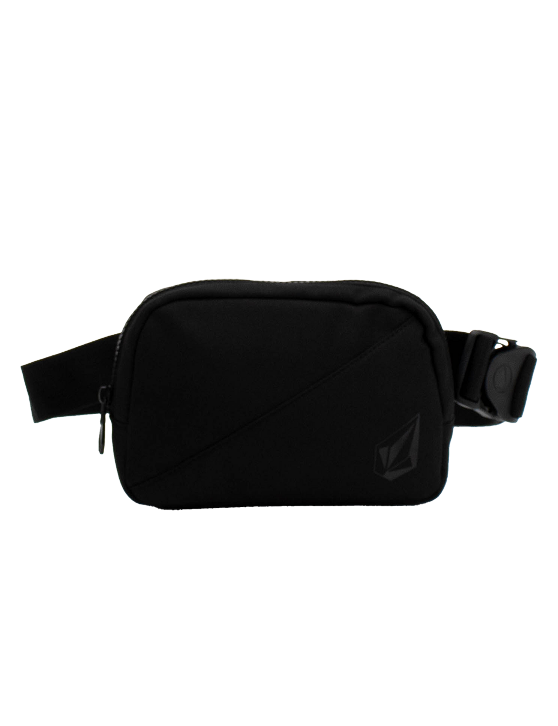 Introducing the Volcom Women's Carryall—a compact black waist bag featuring a zippered main compartment, adjustable strap, and a subtle embossed logo on the front. Its simple, minimalistic design makes it ideal for carrying your daily essentials or using as a convenient travel accessory.