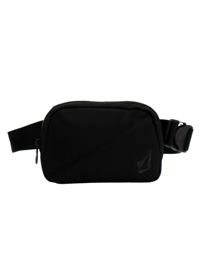 Introducing the Volcom Women's Carryall—a compact black waist bag featuring a zippered main compartment, adjustable strap, and a subtle embossed logo on the front. Its simple, minimalistic design makes it ideal for carrying your daily essentials or using as a convenient travel accessory.