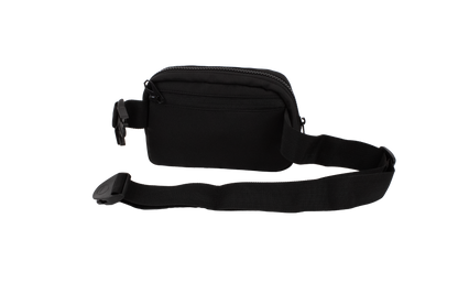 Introducing the Volcom Women's Carryall—a compact black waist bag crafted for your daily essentials. This sleek accessory features a secure zippered compartment and an adjustable strap with a plastic buckle, shown here against a plain white background. Perfect as a stylish and practical travel companion for added convenience and security.