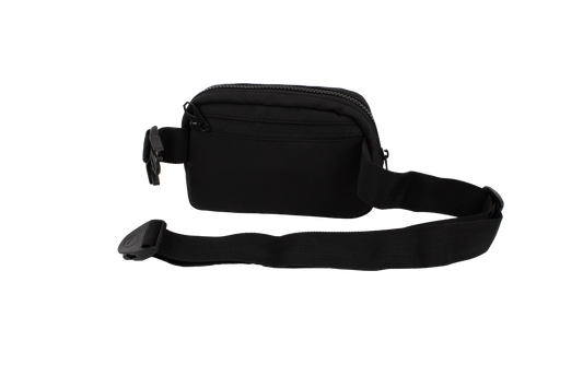 Introducing the Volcom Women's Carryall—a compact black waist bag crafted for your daily essentials. This sleek accessory features a secure zippered compartment and an adjustable strap with a plastic buckle, shown here against a plain white background. Perfect as a stylish and practical travel companion for added convenience and security.