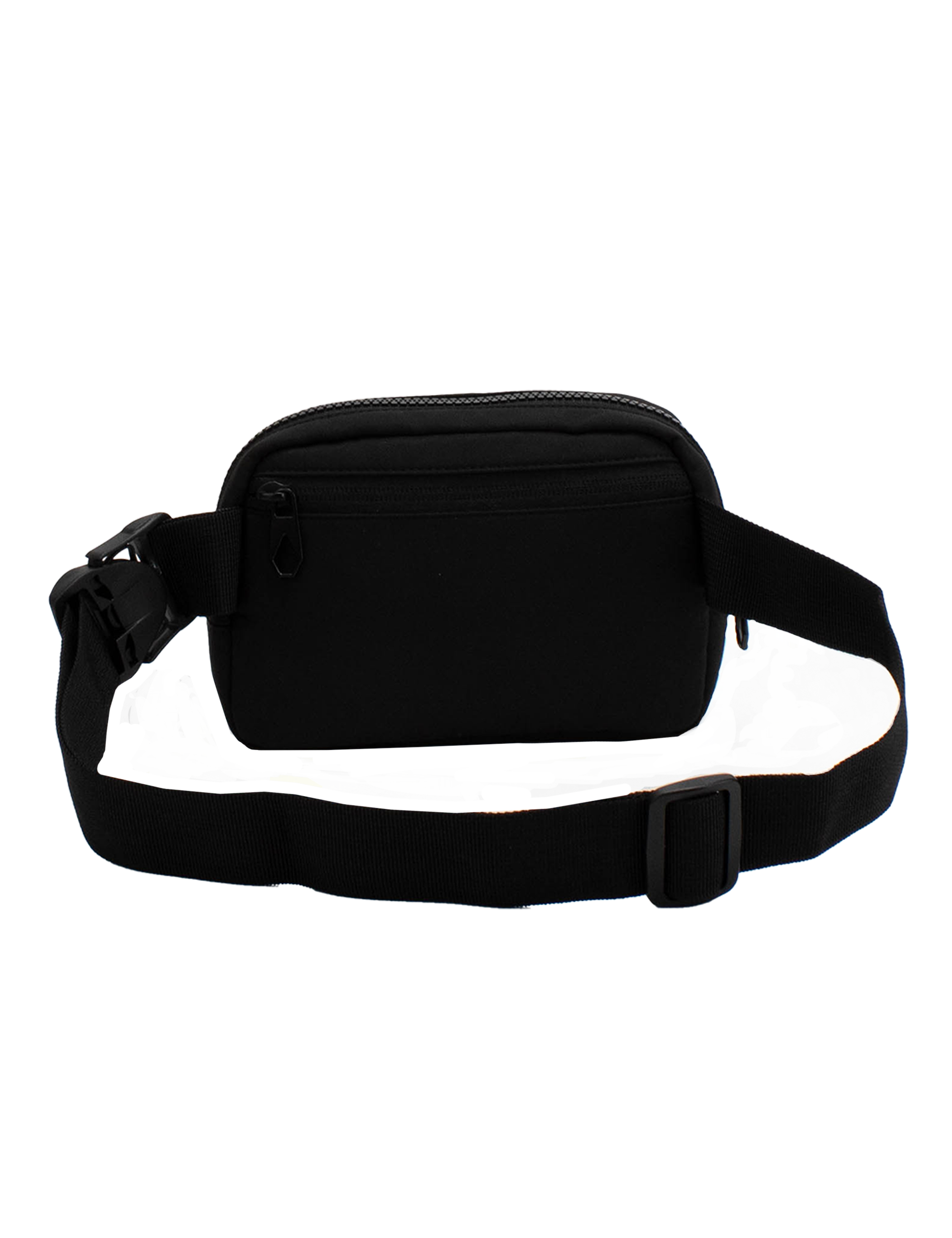 The Volcom Women's Carryall is a black waist bag designed for everyday essentials, featuring a zippered front pocket and an adjustable strap with a plastic buckle, shown against a plain white background.