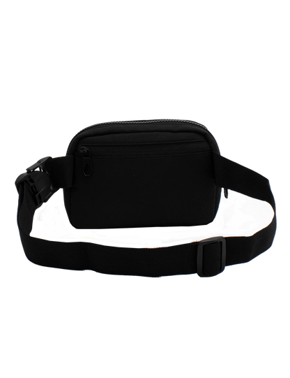 The Volcom Women's Carryall is a black waist bag designed for everyday essentials, featuring a zippered front pocket and an adjustable strap with a plastic buckle, shown against a plain white background.