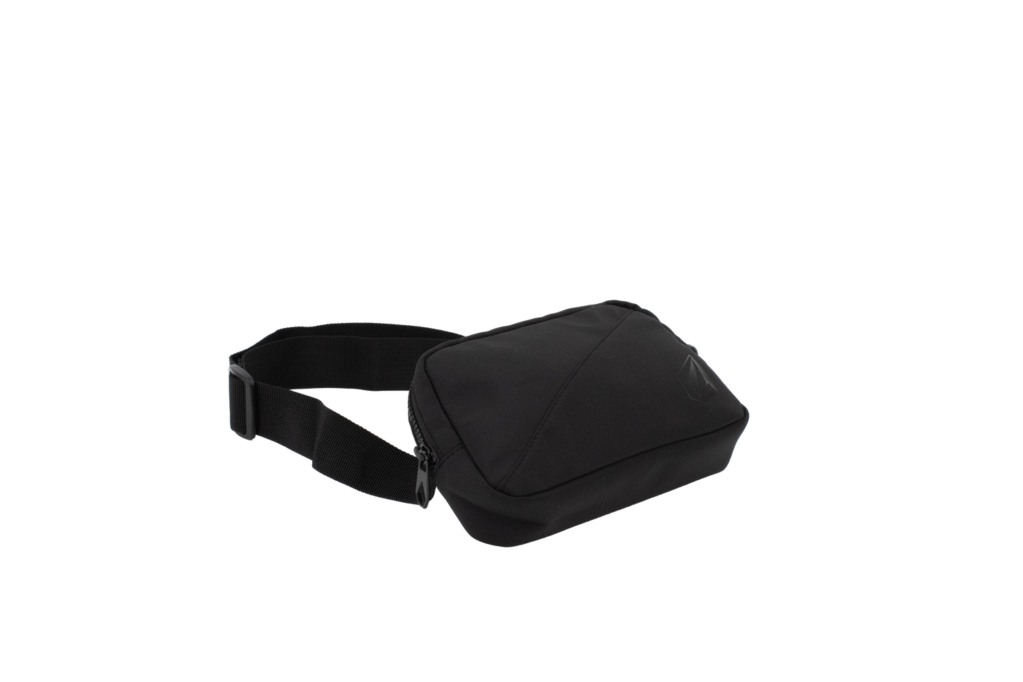 Introducing the Volcom Women's Carryall—a compact black waist bag ideal for carrying your everyday essentials. This sleek accessory features a zippered main compartment and an adjustable strap for the perfect fit, shown here against a plain white background. Perfect as a hands-free travel companion, it’s designed to keep you organized on the go.