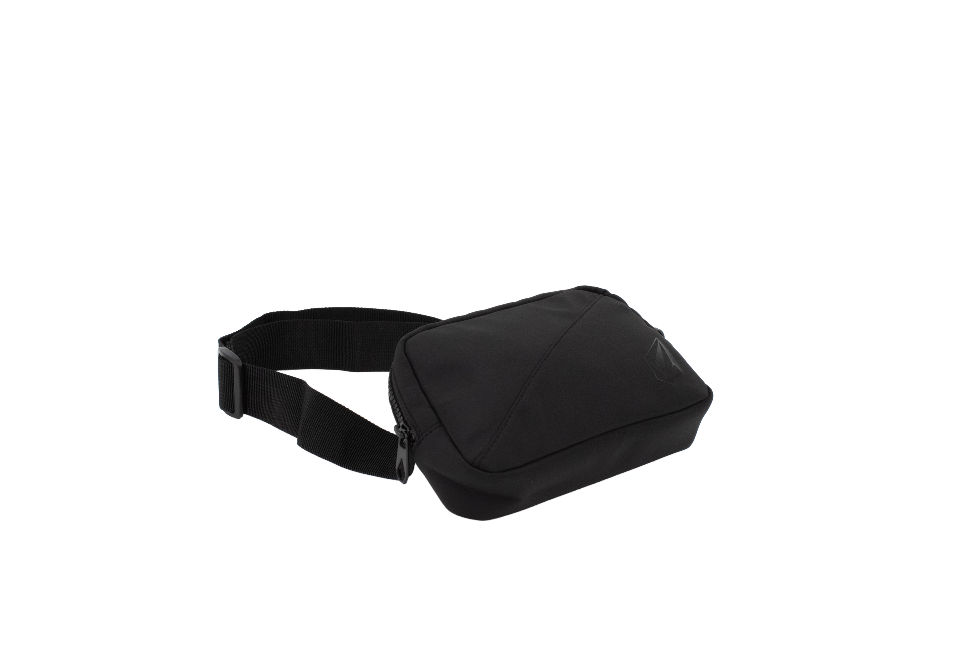 Introducing the Volcom Women's Carryall—a compact black waist bag ideal for carrying your everyday essentials. This sleek accessory features a zippered main compartment and an adjustable strap for the perfect fit, shown here against a plain white background. Perfect as a hands-free travel companion, it’s designed to keep you organized on the go.