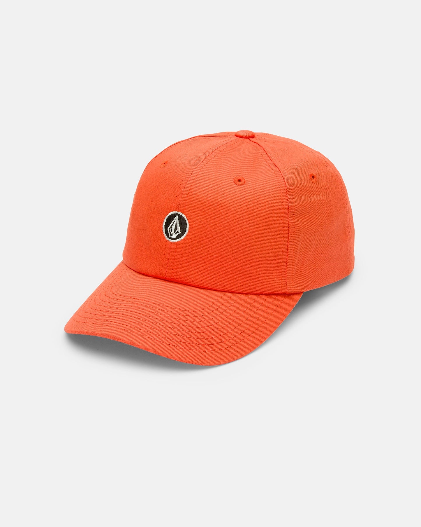 The Women's Circle Stone Dad Hat by Volcom is an orange, 100% cotton cap with a small black and white geometric logo on the front, shown against a plain light gray background.