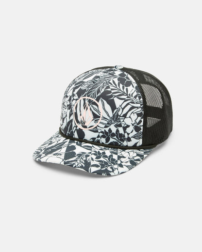 The Volcom Women's Into Paradise Trucker features a black and white design with a floral sublimation print on the front and brim, a circular logo, and classic black mesh back for breathability.