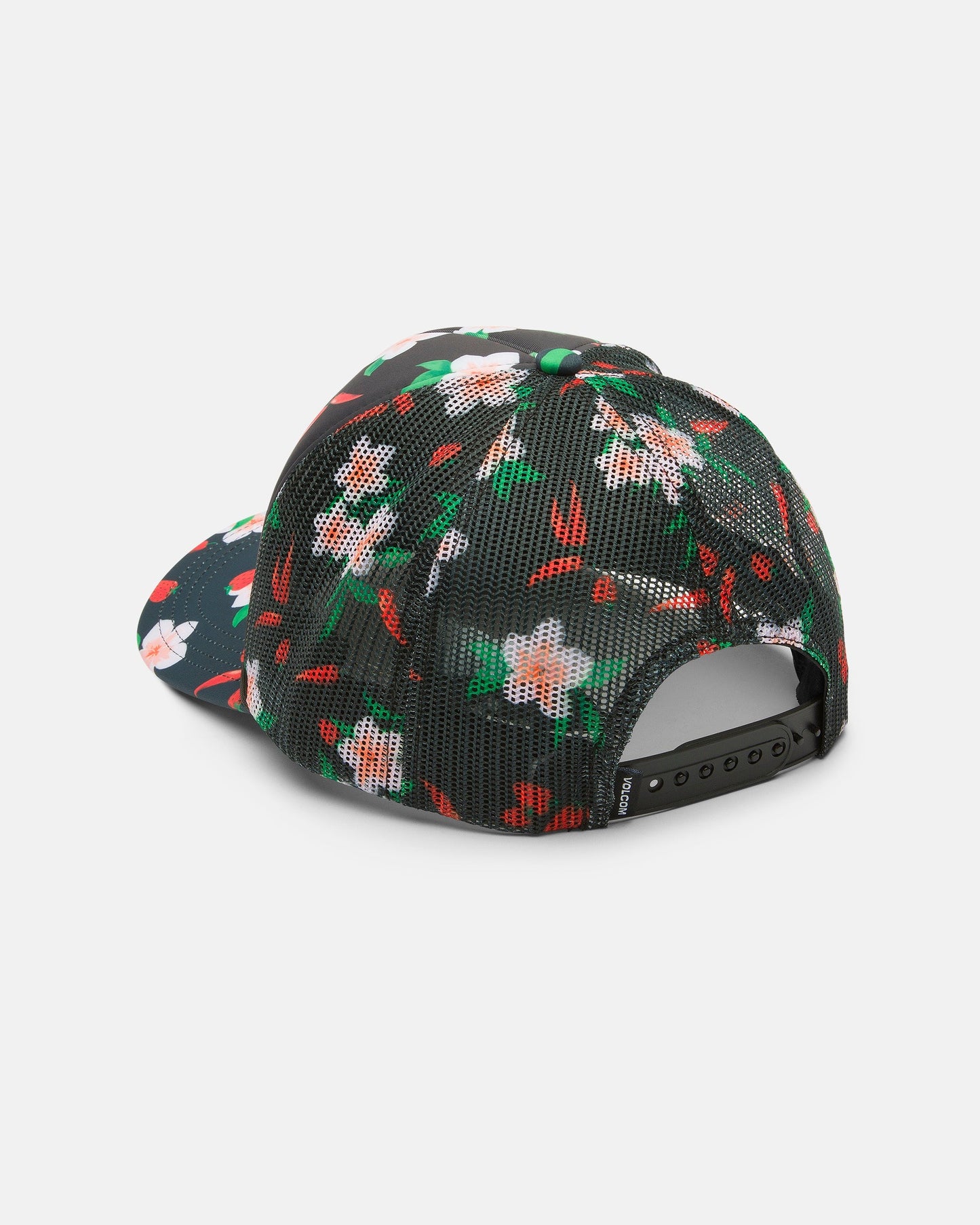 The Volcom Women's Into Paradise Trucker is a mesh hat with a vibrant floral pattern in white, red, and green. It features an adjustable snapback closure and comes against a plain white background—perfect for your accessory collection.