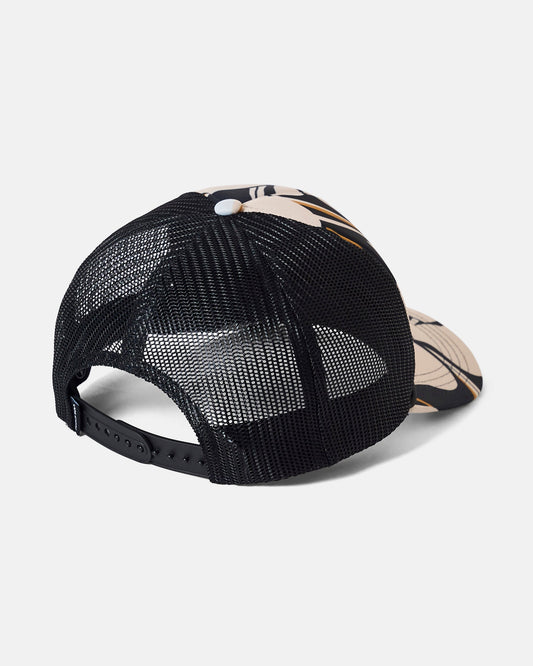 Introducing the Volcom Women's Into Paradise Trucker—a stylish trucker hat featuring a beige and black patterned front panel with a subtle Volcom logo. The back and sides are made from breathable black mesh, and an adjustable snap closure ensures a comfortable fit. Perfect for relaxed outings or as your essential beach accessory.
