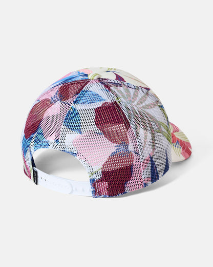 A Volcom Women's Into Paradise Trucker hat, shown from the back on a plain light background, features a vibrant floral mesh-back design and an adjustable white snap closure—offering sun protection with a stylish flair.