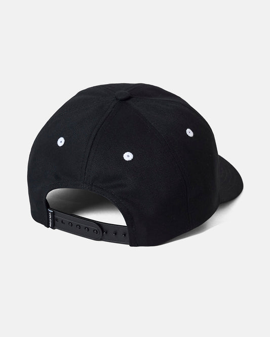 The Volcom Women's Chiller Snap Back hat is displayed from the back, highlighting its black cotton construction, snapback closure, and white embroidered eyelets on the top and sides. This versatile snapback makes a stylish addition to any women’s hat collection.