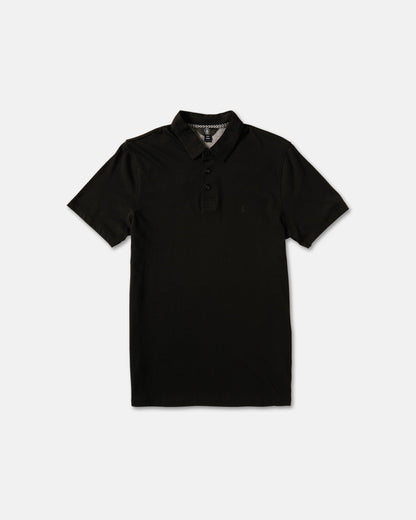 The Volcom Men's Wowzer Polo Short Sleeve Shirt features a modern fit, three-button collar, and is made from a comfortable cotton-poly blend in black, shown flat on a white background.